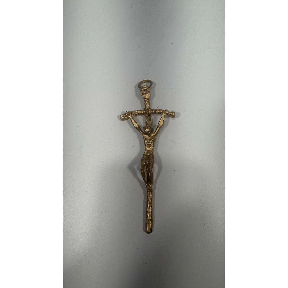 Vintage Made in Italy Gold Tone Papal Crucifix Pendant 5 Inch Religious Cross